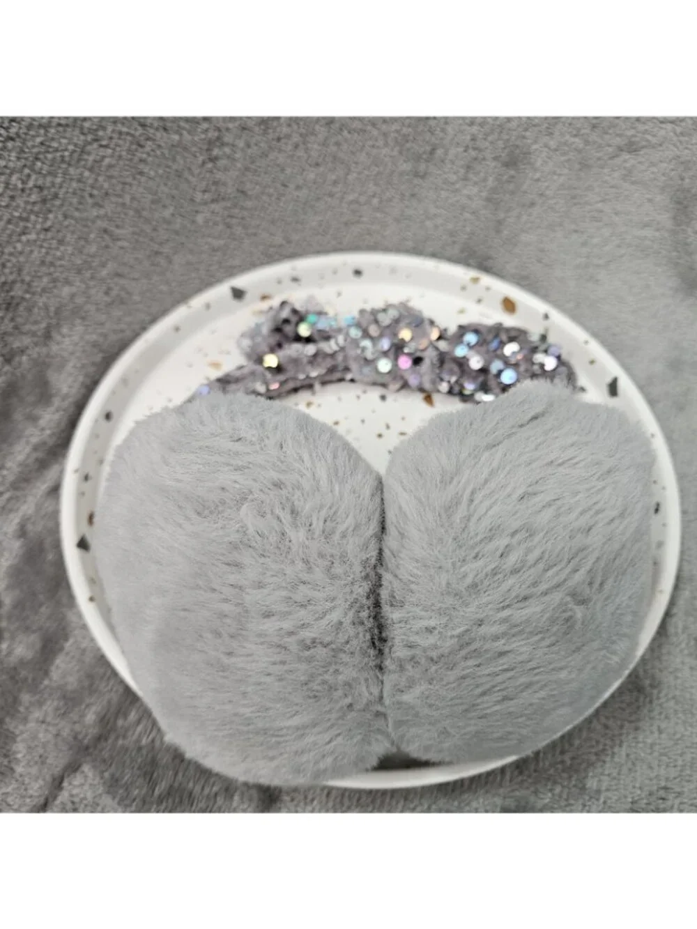Justice Earmuffs Girls Bow Sequin Faux Fur Gray Costume Cosplay Fluffy Fuzzy